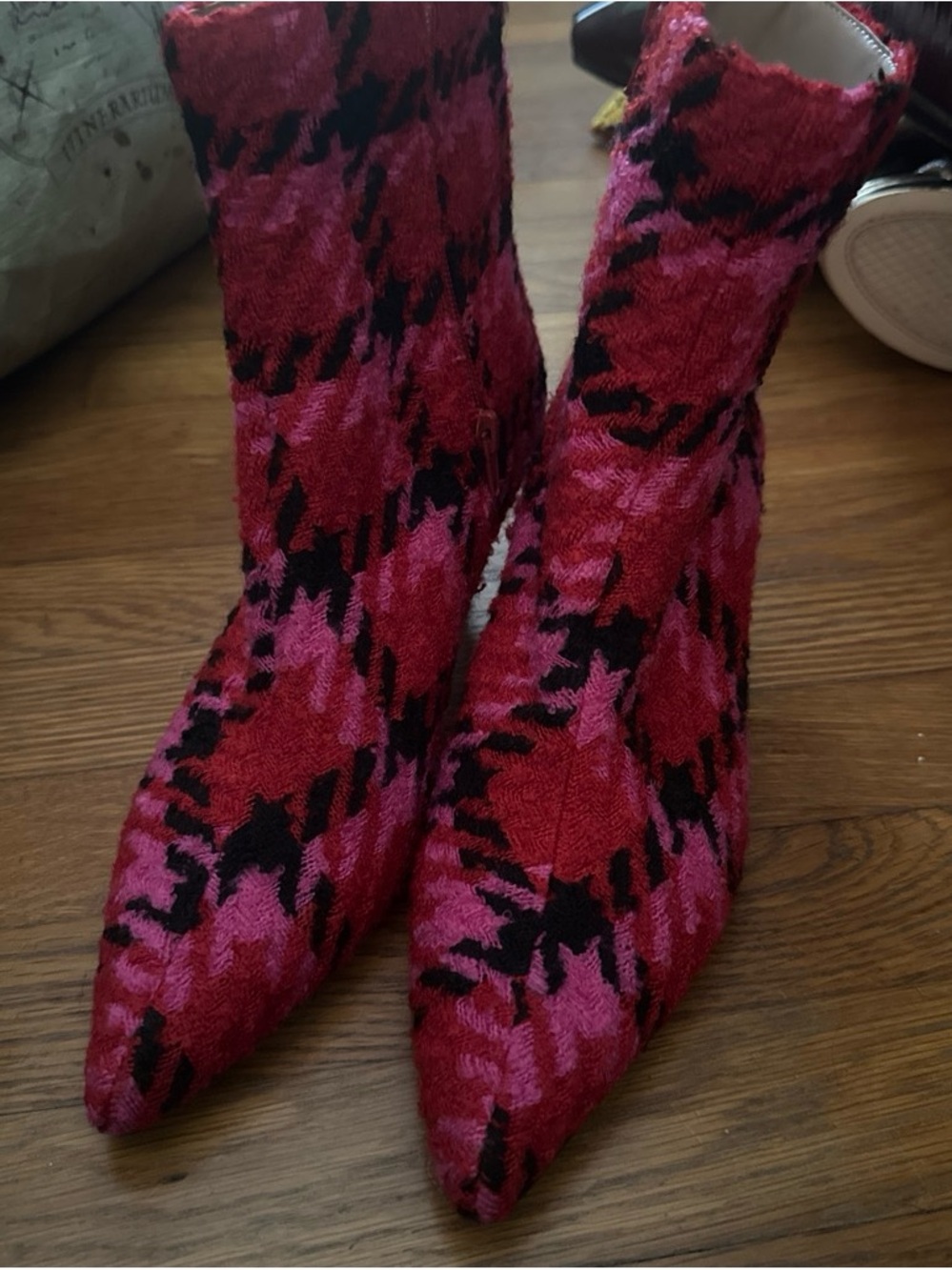 Betsey Johnson Magenta and Black Patterned Pointed Sock Booties